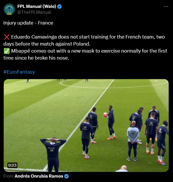 Kylian Mbappe có mặt trong buổi tập mới nhất của ĐT Pháp. (nguồn: X FPL Manuel).