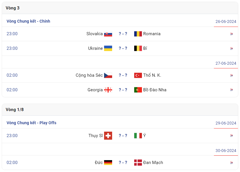 Lịch thi đấu Euro 2024 hôm nay 26/06